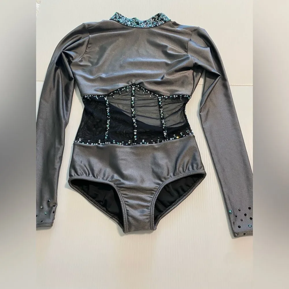 AA dance design costume solo custom gray Ginger leotard illusion LC child